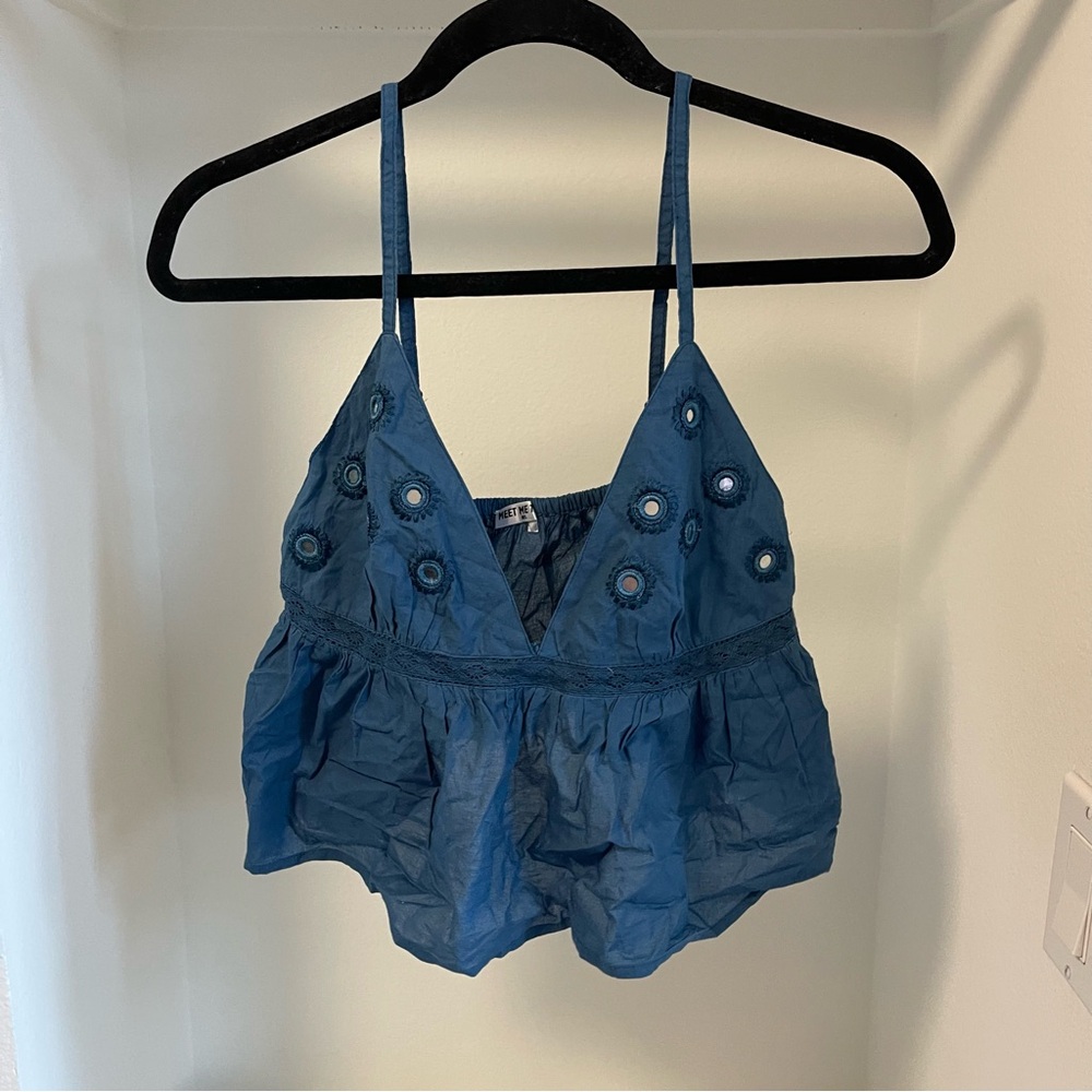 Blue Strappy Top with Embroidered Details